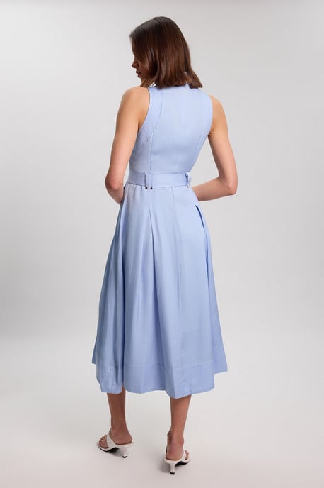 Premium Viscose Linen Topstitch Halter Neck Woven Dress With D Ring Detail - Image 3