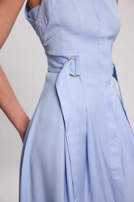 Premium Viscose Linen Topstitch Halter Neck Woven Dress With D Ring Detail - Image 4