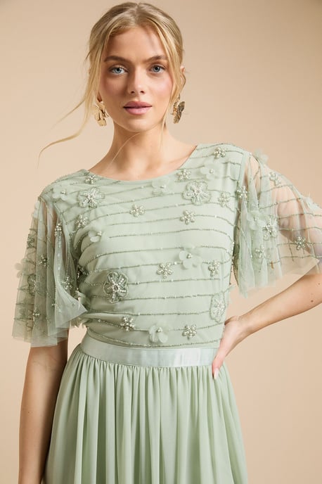 Floral Embellished Mesh Angel Sleeve Maxi Dress - Image 4