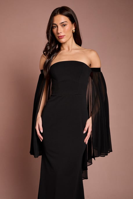 Strapless Maxi Dress With Pleated Chiffon Cape - Image 2