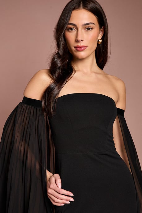Strapless Maxi Dress With Pleated Chiffon Cape - Image 4