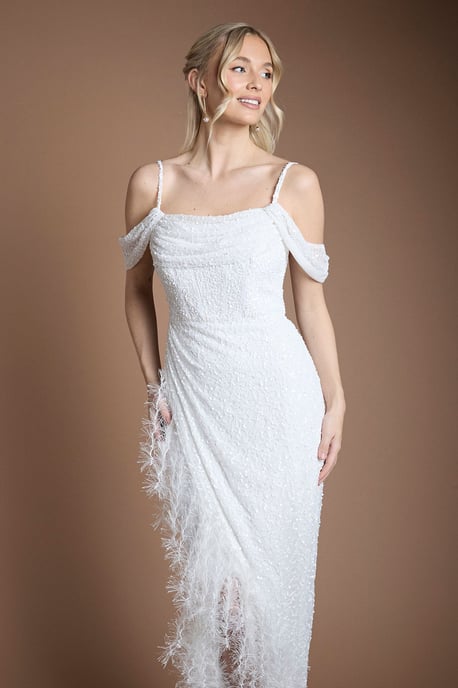 Sequin Embellished Feather Trim Draped Bardot Maxi Wedding Dress - Image 2