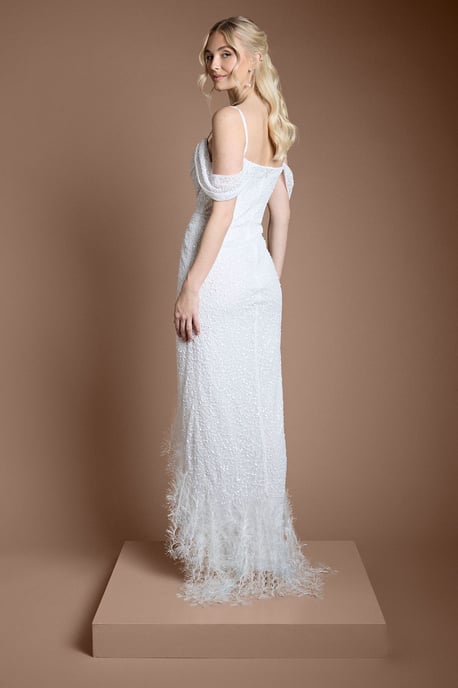 Sequin Embellished Feather Trim Draped Bardot Maxi Wedding Dress - Image 3