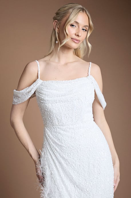 Sequin Embellished Feather Trim Draped Bardot Maxi Wedding Dress - Image 4