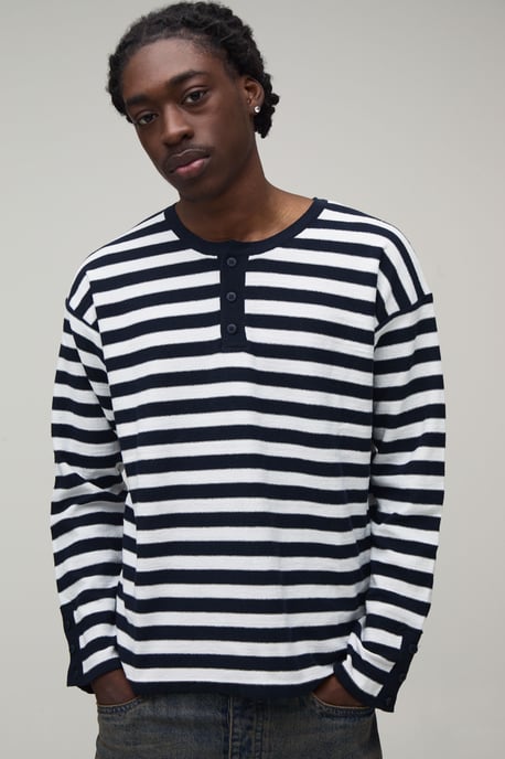 Regular Fit Henley Striped Knitted Long Sleeve T-Shirt - Image 1