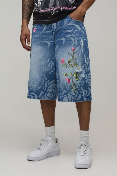 Longline Floral Embroidered Denim Jorts - Image 1