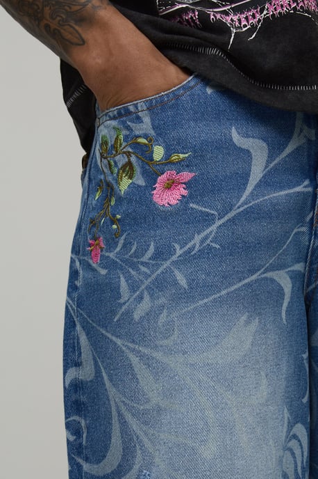 Longline Floral Embroidered Denim Jorts - Image 2