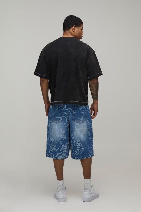 Longline Floral Embroidered Denim Jorts - Image 3