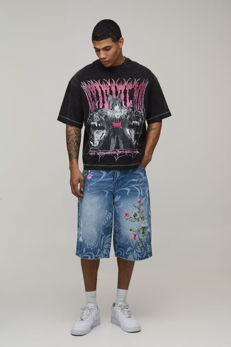 Longline Floral Embroidered Denim Jorts - Image 4