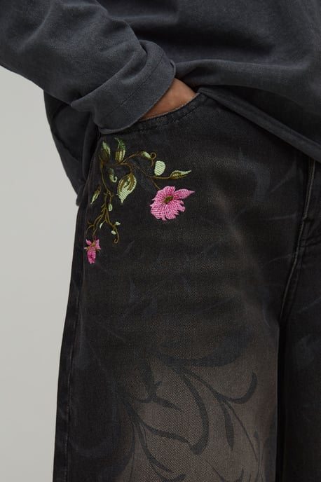 Longline Floral Embroidered Denim Jorts - Image 2