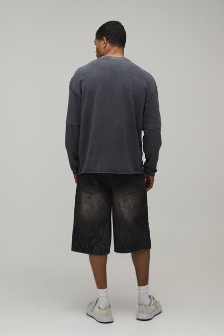 Longline Floral Embroidered Denim Jorts - Image 3