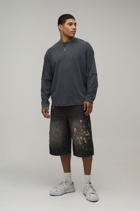 Longline Floral Embroidered Denim Jorts - Image 4