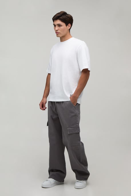 Wide Fit Half & Half Waistband Cargo Pocket Washed Twill Trouser - Image 4