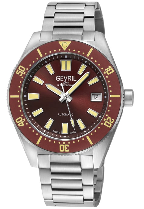 Gevril Men's Mariner Row Automatic, SS Case, Brown Bezel, Black Dial, 316L Stainless Steel Satin Bracelet Watch - Image 1