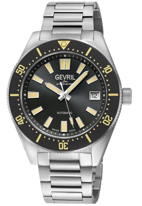 Gevril Men's Mariner Row Automatic, SS Case, Black Ceramic Bezel, Black Dial, 316L Stainless Steel Satin Bracelet Watch - Image 1