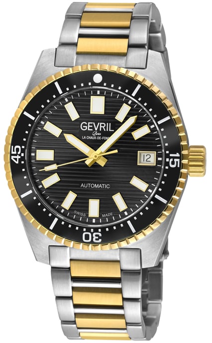 Gevril Men's Atlantic Avenue 316L Stainless Steel Case, Black Ceramic Bezel, Black Embossed Dial, Two toned SS/IPYG Bracelet. - Image 1