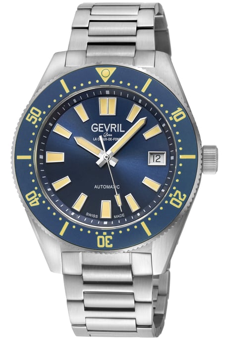 Gevril Men's Mariner Row Automatic, SS Case, Blue Bezel, Blue Dial, 316L Stainless Steel Satin Bracelet Watch - Image 1