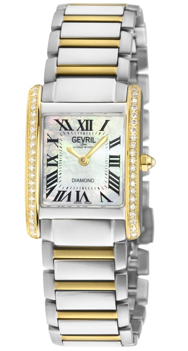 Gevril Women's Regina Swiss Diamond Watch, White MOP Dial, 316L SS 2 sides Diamond Case, 316L Stainless Steel Two toned IPYG Bracelet. - Image 1