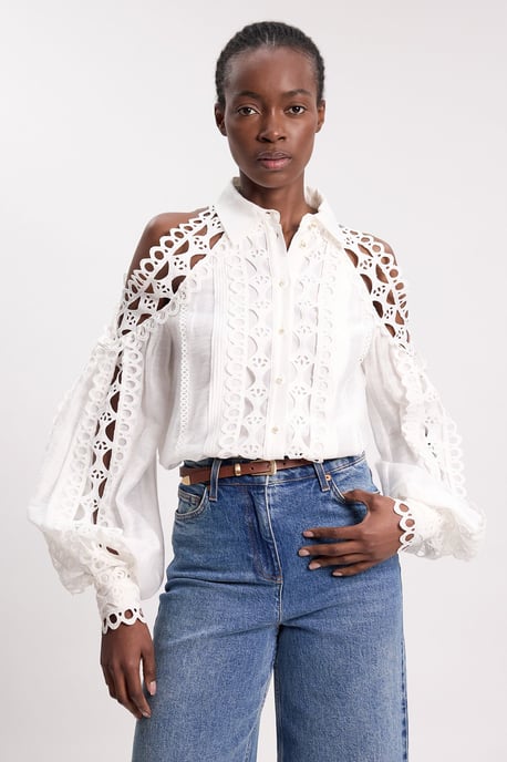 Tape Detail Cold Shoulder Woven Blouse - Image 1