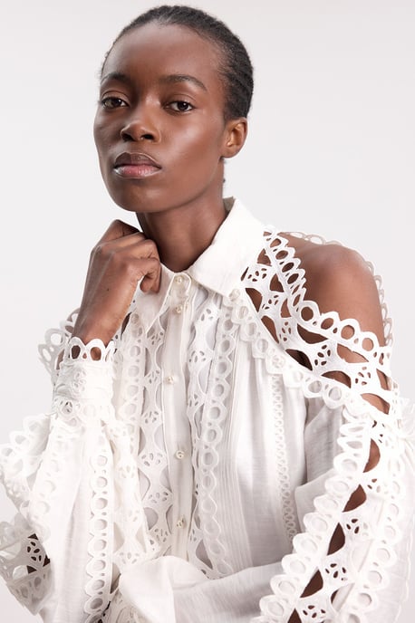 Tape Detail Cold Shoulder Woven Blouse - Image 2
