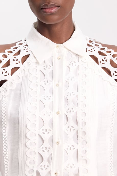 Tape Detail Cold Shoulder Woven Blouse - Image 3