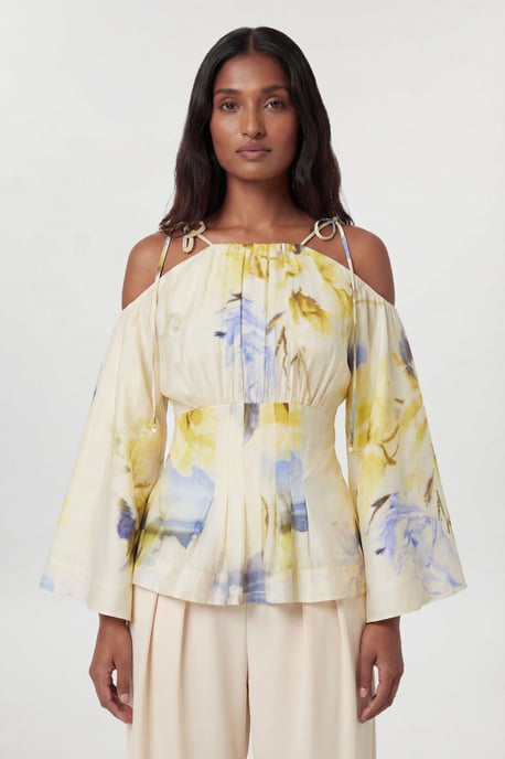 Blue Floral Off The Shoulder Shirred Woven Blouse - Image 2
