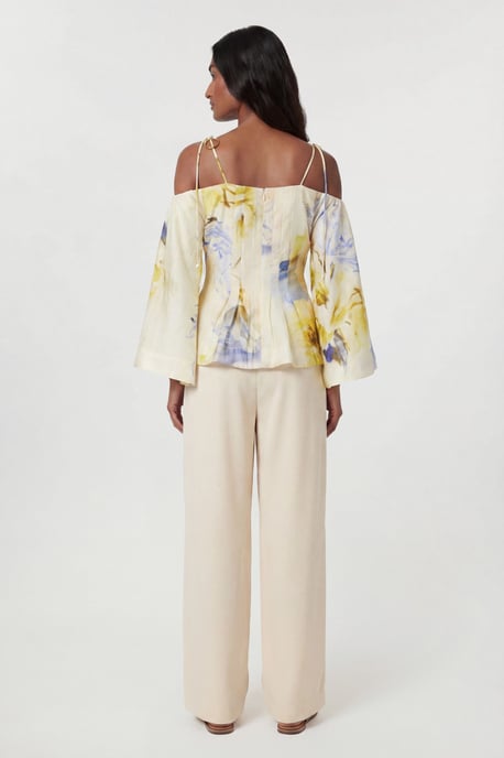 Blue Floral Off The Shoulder Shirred Woven Blouse - Image 3