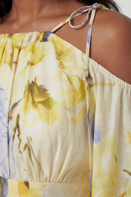Blue Floral Off The Shoulder Shirred Woven Blouse - Image 4