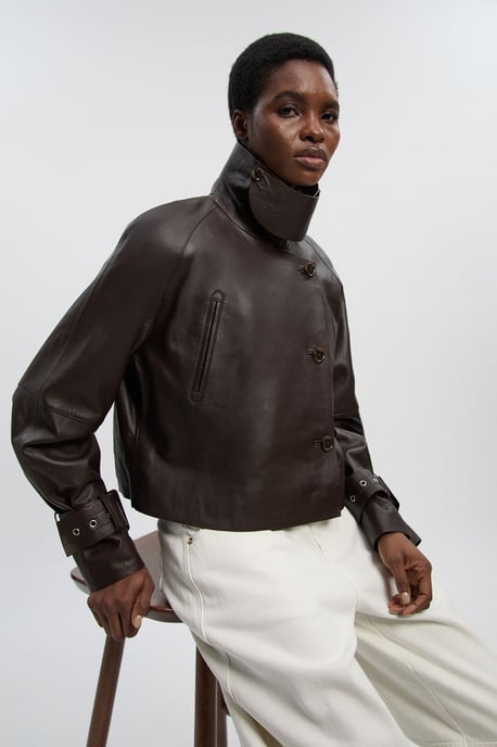 Leather High Neck Crop Trench Coat - Image 2