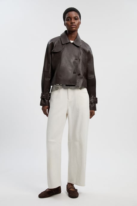 Leather High Neck Crop Trench Coat - Image 3