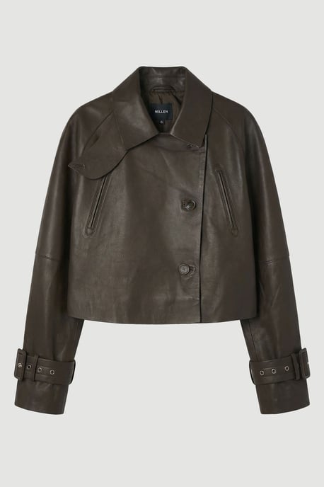 Leather High Neck Crop Trench Coat - Image 4