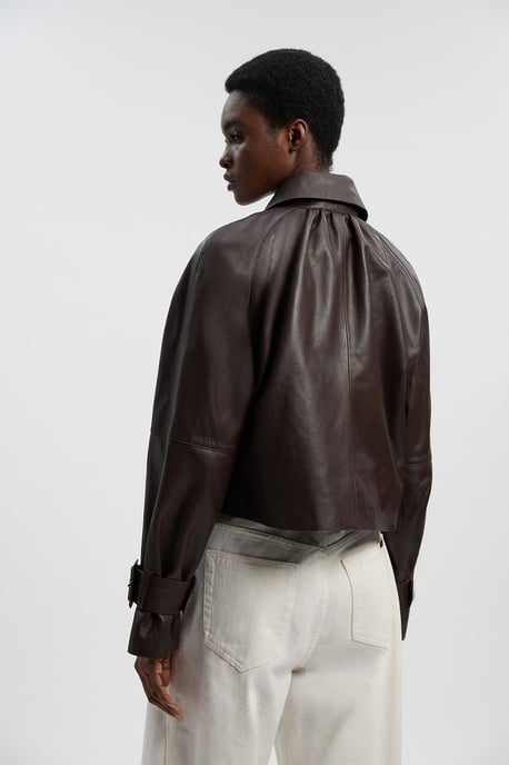 Leather High Neck Crop Trench Coat - Image 6