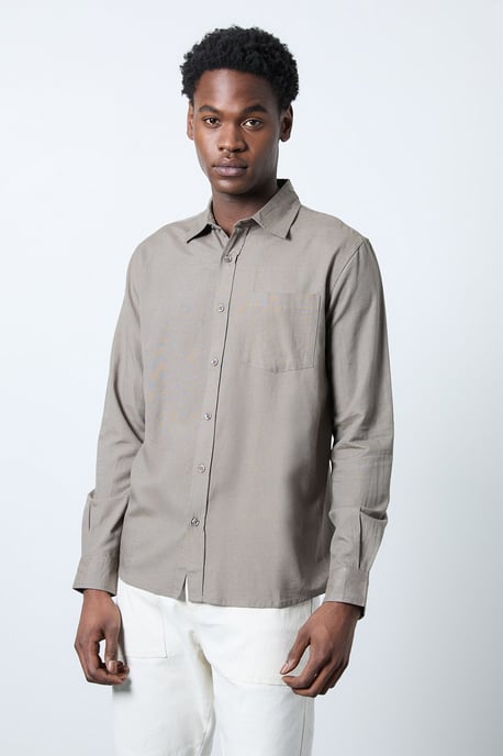 Khaki Linen Blend Long Sleeve Shirt - Image 1