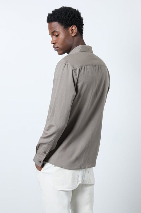 Khaki Linen Blend Long Sleeve Shirt - Image 3