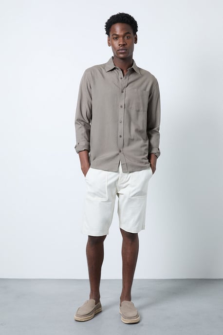 Khaki Linen Blend Long Sleeve Shirt - Image 4