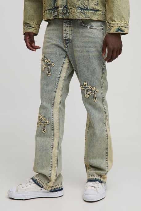 Slim Flared Cross Applique Panelled Jeans - Image 1