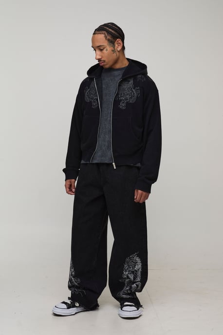 Dragon Embroidered Elasticated Waist Super Baggy Fit Jeans - Image 4