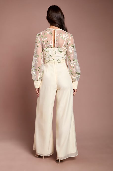 Embroidered Floral Mesh Long Sleeve Jumpsuit - Image 3