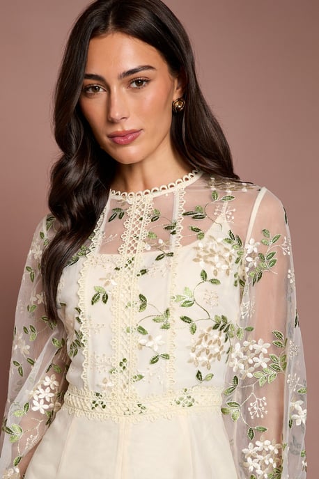 Embroidered Floral Mesh Long Sleeve Jumpsuit - Image 4