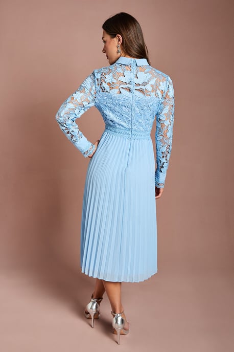 Long Sleeve Lace and Pleated Midi Shirt Dress - Image 3