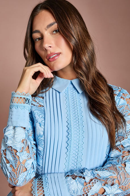 Long Sleeve Lace and Pleated Midi Shirt Dress - Image 4