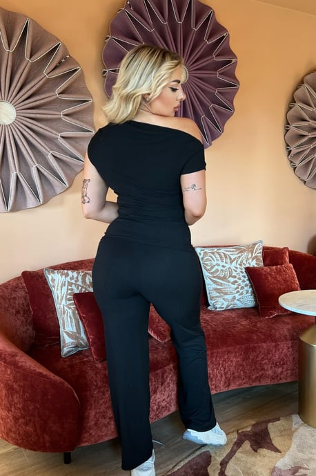 Ribbed Slash Neck Top with Wide Leg Trouser Loungewear Set - Image 3
