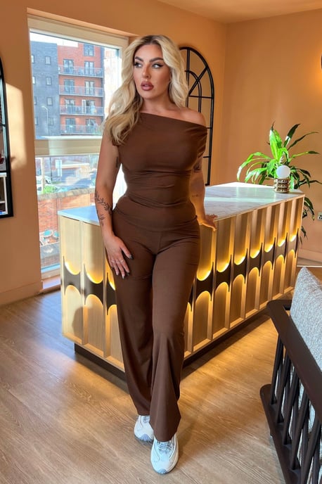 Ribbed Slash Neck Top with Wide Leg Trouser Loungewear Set - Image 4