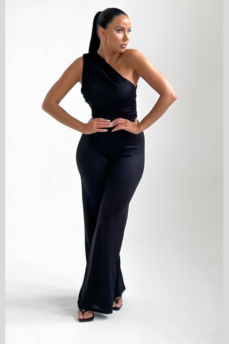 Black One Shoulder Ruched Straight Leg Jumpsuit - Kay - Image 1