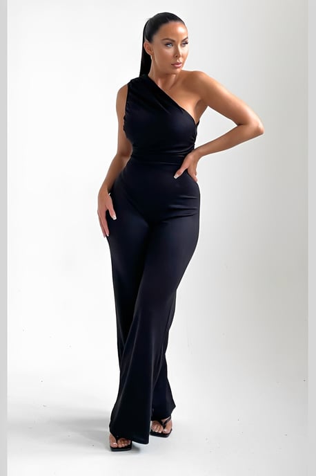 Black One Shoulder Ruched Straight Leg Jumpsuit - Kay - Image 2