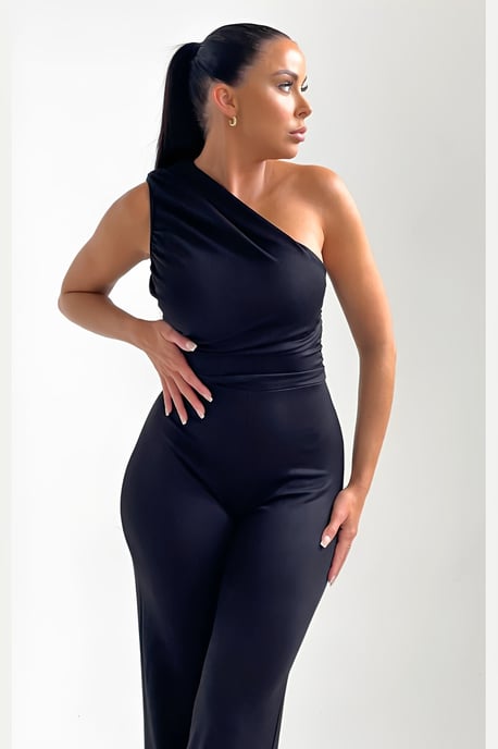 Black One Shoulder Ruched Straight Leg Jumpsuit - Kay - Image 3