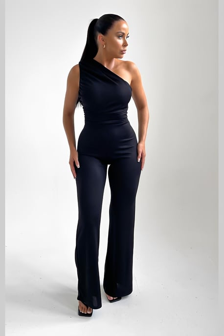 Black One Shoulder Ruched Straight Leg Jumpsuit - Kay - Image 4