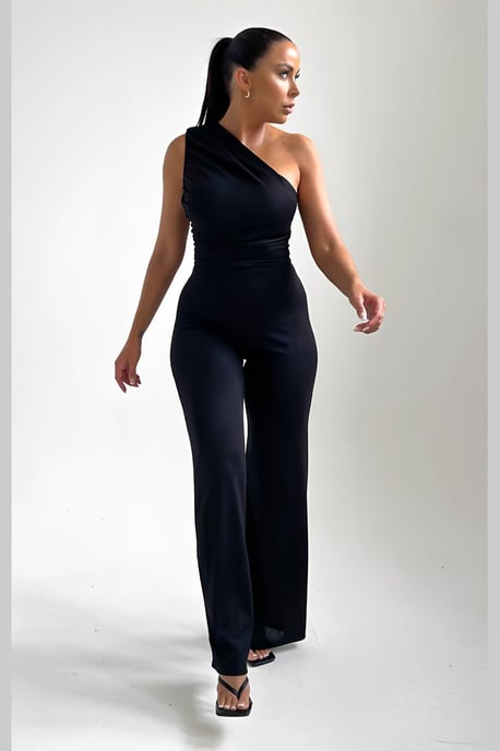 Black One Shoulder Ruched Straight Leg Jumpsuit - Kay - Image 5