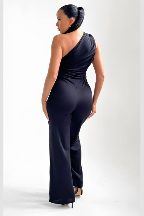 Black One Shoulder Ruched Straight Leg Jumpsuit - Kay - Image 6