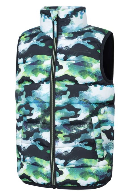 'Rocko' Kids Printed Gilet Water Resistant Padded Rain Jacket Green - Image 5